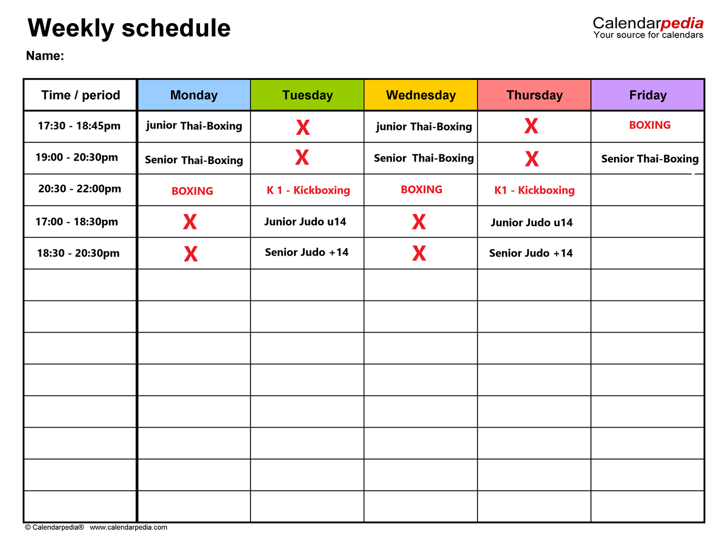 Timetable, locations and Disciplines
